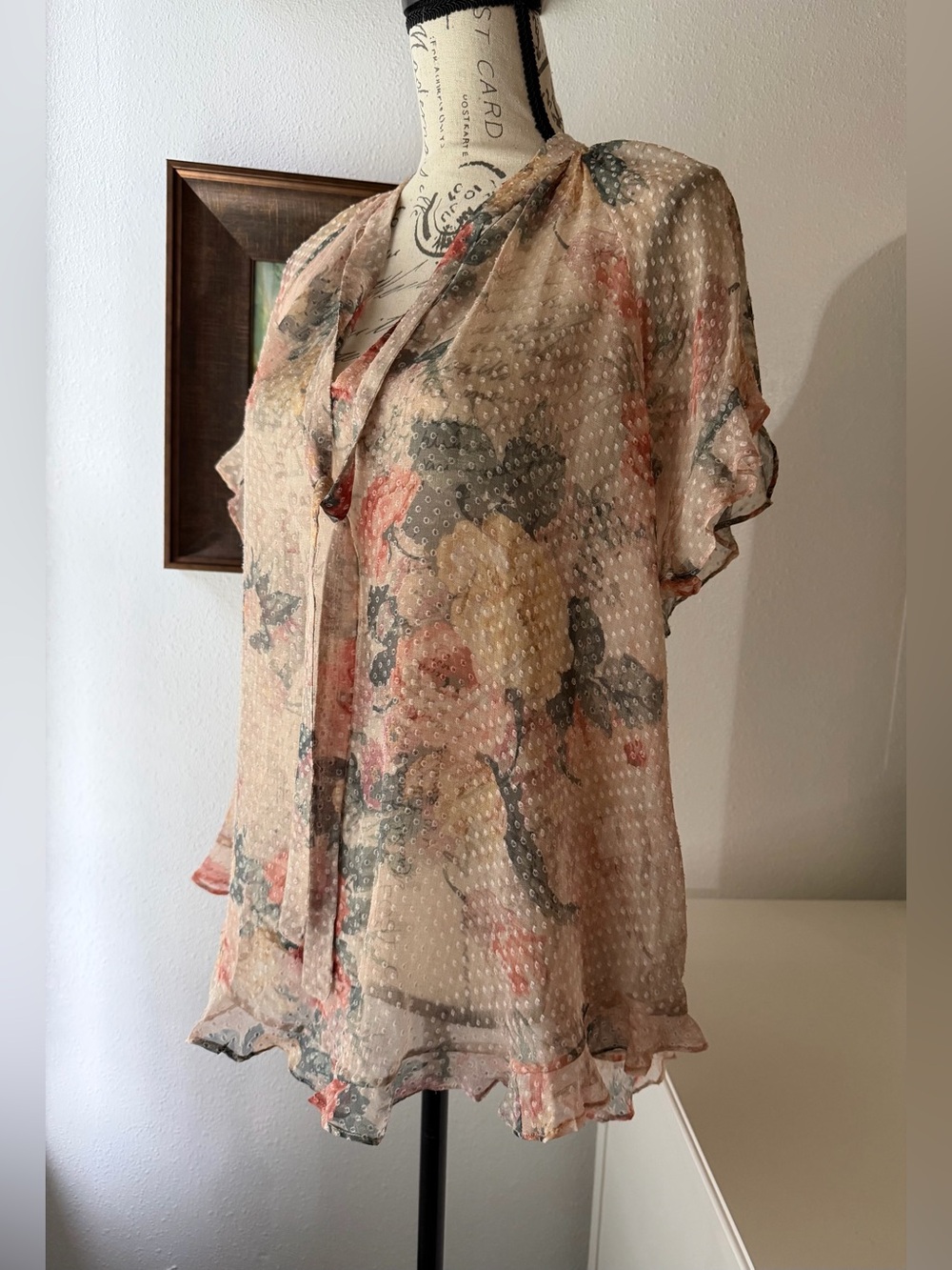 Zimmermann Sheer Polka Dot Floral Blouse in Blush, Coral and Slate